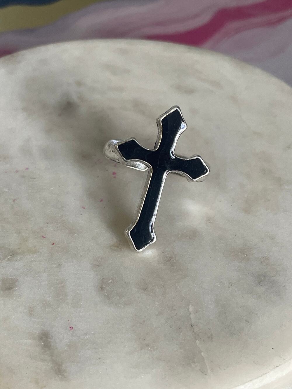 Silver cross Ring with Black Enamel Accent - Women's Fashion Ring adjustable